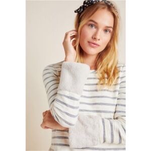 Anthropologie Maeve Astor Faux Fur Trimmed Gray Ivory Striped Pullover Sz Small